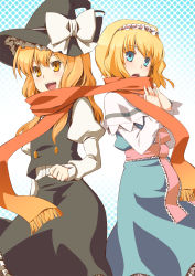 Rule 34 | 2girls, aaru (tenrake chaya), alice margatroid, blonde hair, blue eyes, buttons, dress, female focus, hairband, hat, highres, kirisame marisa, multiple girls, open mouth, orange scarf, perfect cherry blossom, scarf, shared clothes, shared scarf, touhou, witch, witch hat, yellow eyes