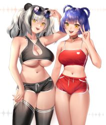Rule 34 | 2girls, absurdres, adjusting clothes, adjusting legwear, animal ears, arknights, arm up, artist name, bare shoulders, black legwear, black shorts, black sports bra, blue hair, blunt bangs, braid, braided hair rings, breasts, choker, clothes writing, commentary, crossover, english commentary, eyewear on head, feater (arknights), genshin impact, hair rings, highres, large breasts, looking at viewer, multicolored hair, multiple girls, navel, panda ears, potetos7, red shorts, red sports bra, round eyewear, short shorts, shorts, silver hair, smile, sparkle background, sports bra, standing, streaked hair, sunglasses, thighhighs, thighs, tongue, underboob, v, white background, xiangling (genshin impact), yellow eyes