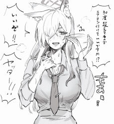 Rule 34 | 1girl, animal ear fluff, animal ears, blue archive, blush, breasts, collared shirt, fanning self, greyscale, hair between eyes, hair over one eye, halo, highres, kanna (blue archive), large breasts, long hair, long sleeves, looking at viewer, monochrome, necktie, notched ear, open mouth, shirt, simple background, solo, sweat, tsuno (tnngur), upper body