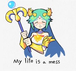 Rule 34 | 1girl, bare shoulders, blush, choker, cropped torso, denaseey, english text, female focus, green hair, holding, holding staff, jewelry, kid icarus, long hair, necklace, nintendo, palutena, simple background, solo, staff, tears, vambraces, white background