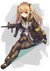 Rule 34 | 1girl, armband, assault rifle, belt, black bow, black jacket, black ribbon, blush, boots, bow, breasts, brown eyes, brown hair, brown pantyhose, buttons, commentary request, cross-laced footwear, fingerless gloves, full body, girls&#039; frontline, gloves, gun, h&amp;k ump, hair between eyes, hair ornament, hairclip, hetaren (ramark), highres, hood, hooded jacket, jacket, lace-up boots, long hair, long sleeves, looking at viewer, magazine (weapon), medium breasts, open mouth, pantyhose, ribbon, rifle, scar, scar across eye, scar on face, school uniform, shirt, sitting, skirt, smile, solo, submachine gun, twintails, ump9 (girls&#039; frontline), weapon, white shirt