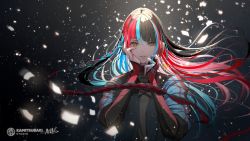 Rule 34 | 1girl, black hair, blue hair, blue jacket, braid, bridal gauntlets, commentary request, copyright name, floating hair, hair between eyes, hands up, harusaruhi, headphones, hoshizaki reita, jacket, kamitsubaki studio, long hair, looking at viewer, multicolored hair, official art, open clothes, open jacket, parted lips, red hair, shirt, short sleeves, smile, solo, two-tone hair, upper body, very long hair, virtual youtuber, white shirt, yellow eyes