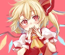 Rule 34 | 1girl, ascot, blonde hair, blush, collared shirt, covering own mouth, crystal, flandre scarlet, frilled shirt collar, frilled sleeves, frills, hair ribbon, hand to own mouth, looking at viewer, medium hair, no headwear, own hands together, paragasu (parags112), puffy short sleeves, puffy sleeves, red background, red eyes, red ribbon, red vest, ribbon, shirt, short sleeves, simple background, solo, touhou, upper body, vest, wavy hair, white shirt, wings, wrist cuffs, yellow ascot