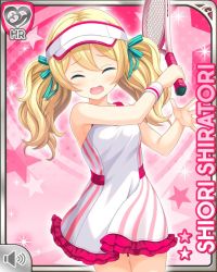 Rule 34 | 1girl, blonde hair, blue eyes, card (medium), character name, cuffs, dress, girlfriend (kari), hair ribbon, holding, jacket, looking at viewer, official art, open mouth, pink background, qp:flapper, racket, red jacket, ribbon, rooftop, school, shiratori shiori, swinging object, tagme, tennis racket, twintails, upset, visor cap, white dress