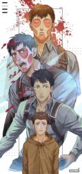 Rule 34 | 1boy, age progression, aged down, bertolt hoover, blood, blood splatter, brown eyes, brown hair, child, crying, crying with eyes open, death, highres, looking at viewer, male focus, mappo m2, paradis military uniform, shingeki no kyojin, short hair, spoilers, tears, upper body