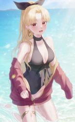 Rule 34 | 1girl, alternate costume, alternate hairstyle, anklet, bad id, bad pixiv id, beach, black bow, black one-piece swimsuit, black ribbon, blonde hair, blue sky, bow, breasts, cleavage, collarbone, commentary request, day, earrings, ereshkigal (fate), fate/grand order, fate (series), forehead, hair ribbon, highres, hoop earrings, jacket, jewelry, kneeling, long hair, long sleeves, looking at viewer, medium breasts, ocean, off shoulder, one-piece swimsuit, open clothes, open jacket, open mouth, outdoors, parted bangs, pink jacket, ponytail, red eyes, ribbon, sky, sleeves past fingers, sleeves past wrists, solo, sunlight, swimsuit, thighs, umeko 208, very long hair, water, wet, zipper