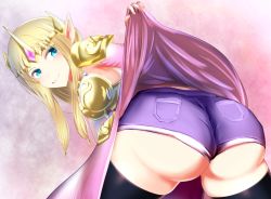 Rule 34 | 1girl, armor, ass, bent over, blonde hair, blue eyes, blush, breasts, clothes lift, crown, denim, denim shorts, from behind, grin, highres, huge ass, hyrule warriors, long hair, looking at viewer, looking back, naughty face, nintendo, pointy ears, princess zelda, shiny clothes, shiny skin, short shorts, shorts, skirt, skirt hold, skirt lift, smile, smug, solo, the legend of zelda, thighhighs, tiara, toson, upskirt