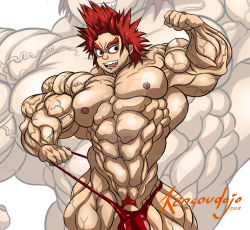 Rule 34 | 1boy, abs, biceps, bodybuilder, flexing, highres, male focus, muscular, muscular male, pectorals, penis, pubic hair, red hair, swimsuit, thighs