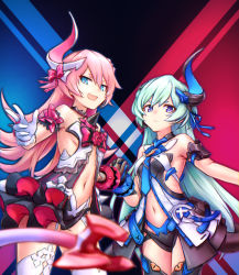 Rule 34 | 2girls, asymmetrical gloves, asymmetrical horns, breasts, dress, flower, gloves, green hair, hair ornament, hair ribbon, highres, honkai (series), honkai impact 3rd, horns, intertwined tails, liliya olenyeva, long hair, mechanical horns, mechanical tail, mismatched gloves, mismatched horns, multiple girls, navel, open clothes, open dress, pink hair, red flower, red rose, ribbon, rose, rozaliya olenyeva, shinachiku (uno0101), siblings, single horn, sisters, small breasts, tail, thick eyebrows, twins, uneven horns