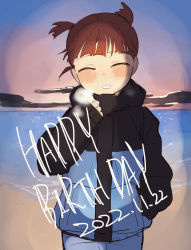 Rule 34 | 1girl, :d, absurdres, beach, birthday, black jacket, blue jacket, blue pants, blunt bangs, blush, breath, closed eyes, cloud, commentary, dated, dusk, english text, facing viewer, girls und panzer, hand in pocket, hand on own chest, happy, happy birthday, highres, hood, hood down, jacket, long sleeves, mikko (girls und panzer), multicolored clothes, multicolored jacket, ocean, open mouth, pants, parted lips, pink sky, red hair, sand, short hair, short twintails, sketch, sky, smile, solo, standing, sunset, toku (yhpv8752), twintails, two-tone jacket, wind