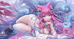 Rule 34 | 1girl, ahri (league of legends), animal ear fluff, animal ears, ass, bare shoulders, bell, blue eyes, blurry, blush, breasts, cleavage, facial mark, fingernails, flower, fox ears, fox tail, glowing, hair bell, hair ornament, japanese clothes, kimono, kitsune, league of legends, lily pad, long hair, lotus, lying, multiple tails, nail polish, on side, outdoors, petals, pink flower, pink hair, pink nails, rhasta, slit pupils, smoke, solo, spirit blossom ahri, tail, thighs, tongue, tongue out, urn, whisker markings, white legwear
