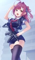 Rule 34 | 1girl, :d, ahoge, angel ina, arm up, black serafuku, black shirt, black shorts, black thighhighs, blue ribbon, breasts, brown eyes, building, commentary, glock, gun, hair intakes, hair ornament, hair ribbon, handgun, heterochromia, highres, medium breasts, necktie, open mouth, original, red eyes, red hair, red necktie, ribbon, salute, school uniform, serafuku, shirt, short shorts, short sleeves, shorts, smile, solo, standing, symbol-only commentary, thighhighs, two side up, weapon, weapon request
