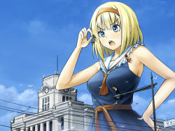 Rule 34 | &gt;:o, 3girls, :o, alice margatroid, angry, antennae, apron, armpits, bare arms, bare shoulders, bird, black dress, blonde hair, blue dress, blue eyes, blue sky, bow, breasts, building, clock, cloud, day, dress, giant, giantess, hairband, hakurei reimu, hand on own hip, hat, hat bow, headband, holding, kirisame marisa, kuro oolong, lamppost, large breasts, looking at another, multiple girls, no bra, open mouth, power lines, ribbon, sailor collar, sash, shirt, sideboob, skirt, skirt set, sky, sleeveless, sleeveless dress, taitou (tokyo), tokyo (city), toucan, touhou, v-shaped eyebrows, witch hat