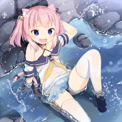 Rule 34 | 1girl, :d, animal ears, arm behind head, blue eyes, cat ears, cat tail, kidatsu! dungeons lord, looking at viewer, muku (muku-coffee), official art, one-piece swimsuit, open mouth, pink hair, sailor collar, shoes, sitting, smile, solo, swimsuit, tail, thighhighs, two side up, wet, wet clothes, white thighhighs