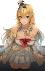 Rule 34 | 1girl, black hairband, blonde hair, blue eyes, blurry, braid, breasts, cleavage, closed mouth, collarbone, corset, cowboy shot, crown, depth of field, dress, flower, hair between eyes, hairband, half up braid, highres, jewelry, kantai collection, kasumi (skchkko), large breasts, lips, long hair, long sleeves, mini crown, necklace, off-shoulder dress, off shoulder, red flower, red ribbon, red rose, ribbon, rose, smile, solo, thighhighs, warspite (kancolle), white background, white dress