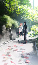 Rule 34 | 1boy, 1girl, black footwear, blazer, blue eyes, brown hair, chris4708, commentary request, drainpipe, glasses, grass, highres, industrial pipe, jacket, kneehighs, letter, looking at another, original, papers, road, sarishi no hara (vocaloid), school uniform, serafuku, shoes, socks, string, string of fate, tree, utility pole, vocaloid, walking, white socks