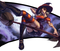Rule 34 | 1girl, arm behind head, bad deviantart id, bad id, bewitching nidalee, black footwear, blouse, boots, breasts, broom, broom riding, brown hair, corset, cross-laced footwear, earrings, facial mark, forehead jewel, from below, halloween, halloween costume, hat, high heel boots, high heels, highres, jewelry, lace-up boots, laces, league of legends, lipstick, looking at viewer, makeup, medium breasts, nidalee, outstretched leg, parted bangs, parted lips, penett, pink eyes, puffy shorts, red lips, shirt, short sleeves, shorts, sidesaddle, solo, striped clothes, striped thighhighs, tattoo, thighhighs, tooth earrings, underbust, witch, witch hat