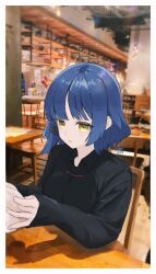 Rule 34 | 1girl, absurdres, artist name, blue hair, bocchi the rock!, cafe, chair, chandelier, cheu, collared shirt, commentary, dated, hair ornament, highres, indoors, long sleeves, looking at viewer, mole, mole under eye, parted lips, photo background, shirt, short hair, signature, sitting, sleeves past wrists, solo, table, white background, wing collar, yamada ryo, yellow eyes