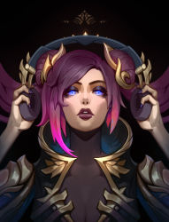 Rule 34 | 1girl, black background, black hair, breasts, cleavage, hands up, headphones, highres, holding, horns, large breasts, league of legends, looking at viewer, multicolored hair, nail polish, pentakill iii: lost chapter sona, pink eyes, pink hair, purple nails, short hair, solo, sona (league of legends), two-tone hair, upper body, vladbacescu