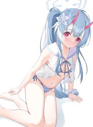 Rule 34 | 1girl, absurdres, bare arms, bare legs, barefoot, bikini, blue archive, blue hair, breasts, chise (blue archive), chise (swimsuit) (blue archive), feet, flower, hair flower, hair ornament, halo, highres, horns, long hair, looking at viewer, mm (pomeme4), navel, oni horns, red eyes, red horns, side-tie bikini bottom, small breasts, solo, string bikini, striped bikini, striped clothes, swimsuit