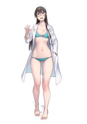 Rule 34 | 1girl, aqua bikini, barefoot, bikini, black hair, blush, breasts, coat, collarbone, full body, glasses, green eyes, green hairband, hair between eyes, hairband, highres, kantai collection, long hair, long sleeves, looking at viewer, navel, ooyodo (kancolle), open clothes, open coat, open mouth, simple background, small breasts, smile, solo, swimsuit, toes, white background, white coat, yuuji (and)