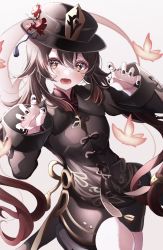 Rule 34 | 1girl, black nails, black shorts, breasts, brown hair, claw pose, collared coat, flower-shaped pupils, genshin impact, hat, highres, hu tao (genshin impact), jewelry, leg up, multiple rings, nail polish, open mouth, porkpie hat, red eyes, ring, sa-ya2, shorts, small breasts, standing, standing on one leg, symbol-shaped pupils, tailcoat