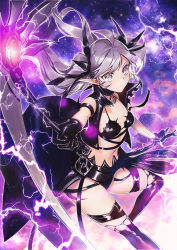 Rule 34 | 1girl, ahoge, arm strap, bad id, bad pixiv id, belt, bikini, bikini top only, black gloves, black thighhighs, blush, breasts, cleavage, closed mouth, collar, cropped jacket, electricity, frown, gloves, grey eyes, hair ornament, holding, holding weapon, jewelry, land of caromag, leclle, long hair, md5 mismatch, midriff, navel, outstretched arms, over-kneehighs, pendant, planet, pointy ears, purple background, scythe, silver hair, sleeveless, small breasts, solo, swimsuit, thigh strap, thighhighs, twintails, weapon