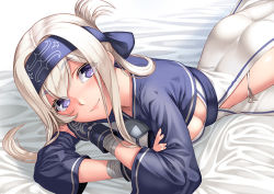 Rule 34 | 10s, 1girl, ainu clothes, ass, bandana, black thighhighs, blush, breasts, cropped jacket, folded ponytail, hair between eyes, headband, kamoi (kancolle), kantai collection, large breasts, long hair, long sleeves, looking at viewer, lying, on stomach, panties, side-tie panties, sideboob, sidelocks, smile, solo, thick eyebrows, thighhighs, underwear, unowen, white hair, white panties, wrist guards