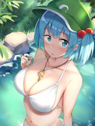 Rule 34 | 1girl, blue eyes, blue hair, bra, hat, jewelry, kawashiro nitori, looking at viewer, nagomian, navel, necklace, solo, touhou, underwear, water
