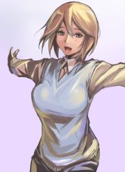 Rule 34 | 00s, 1girl, breasts, brown eyes, brown hair, casual, large breasts, aged up, open mouth, outstretched arms, rozen maiden, short hair, solo, souseiseki, spread arms, sweater, tsuda nanafushi