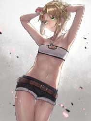 Rule 34 | 1girl, absurdres, aito, bare shoulders, blonde hair, breasts, cleavage, closed mouth, commentary, fate/apocrypha, fate/grand order, fate (series), green eyes, highres, mordred (fate), mordred (fate/apocrypha), mordred (memories at trifas) (fate), navel, ponytail, scrunchie, short hair, simple background, solo