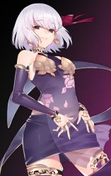 Rule 34 | 1girl, bare shoulders, breasts, closed mouth, covered navel, detached sleeves, dress, earrings, fate/grand order, fate (series), floral print, gradient background, hair ribbon, highres, jewelry, kama (fate), kama (first ascension) (fate), looking at viewer, pelvic curtain, purple background, purple dress, purple skirt, purple sleeves, purple thighhighs, red eyes, red ribbon, ribbon, ring, short hair, silver hair, sino42, skirt, small breasts, smile, solo, thighhighs, thighlet, thighs
