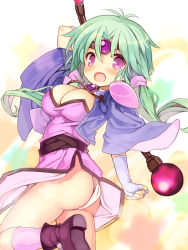Rule 34 | 1990s (style), 1girl, ass, boots, breasts, cleavage, dress, fingerless gloves, gloves, green hair, haou taikei ryuu knight, kurasuke, long hair, looking back, open mouth, paffy pafuricia, panties, purple eyes, solo, staff, underwear, weapon