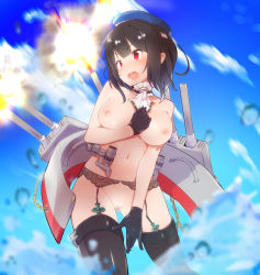 Rule 34 | 1girl, airplane ornament, black gloves, black hair, black thighhighs, blue hat, blush, breasts, brooch, caburi, censored, commentary request, cowboy shot, garter belt, gloves, hat, heart, heart censor, highres, jewelry, kantai collection, medium breasts, navel, nipples, nude, open mouth, outdoors, red eyes, short hair, solo, standing, takao (kancolle), thighhighs, turret