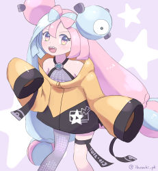 Rule 34 | 1girl, :d, character hair ornament, commentary request, creatures (company), eyelashes, game freak, grey pantyhose, grey shirt, hair ornament, highres, ibusaki (ivu), iono (pokemon), jacket, long hair, looking at viewer, multicolored hair, nintendo, open mouth, pantyhose, pokemon, pokemon sv, purple eyes, shirt, single leg pantyhose, sleeveless, sleeveless shirt, sleeves past fingers, sleeves past wrists, smile, solo, star (symbol), star in eye, symbol in eye, teeth, thigh strap, tongue, twintails, two-tone hair, upper teeth only, yellow jacket
