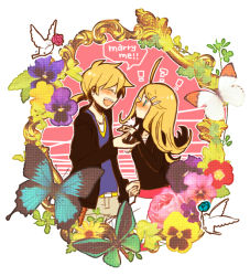 Rule 34 | !, 1boy, 1girl, 7:24, ?, ahoge, alternate costume, bird, blonde hair, blush, bug, butterfly, english text, flower, framed, hair ornament, hairpin, hetero, holding hands, insect, jacket, jewelry, kagamine len, kagamine rin, open mouth, pigeon, ponytail, ring, rose, smile, speech bubble, text focus, vocaloid, wedding ring