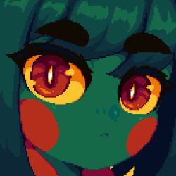Rule 34 | 1girl, blush, close-up, colored sclera, colored skin, green hair, green skin, looking at viewer, minimilieu, monster girl, nose blush, original, pixel art, plant girl, red eyes, slit pupils, solo, thick eyebrows, wren (minimilleu), yellow sclera