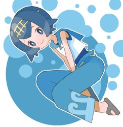 Rule 34 | 1girl, blue eyes, blue hair, blue one-piece swimsuit, blue pants, bright pupils, closed mouth, creatures (company), flip-flops, full body, game freak, grey footwear, lana (pokemon), nintendo, one-piece swimsuit, outline, pants, pokemon, pokemon sm, sandals, shirt, short hair, sicky (pit-bull), smile, solo, swimsuit, swimsuit under clothes, white outline, white pupils, white shirt