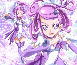 Rule 34 | 1girl, arm warmers, bishie sparkle, boots, breasts, brooch, choker, collarbone, cure sword, dated, dokidoki! precure, earrings, eyebrows, forehead, frills, full body, hair ornament, hanzou, heart, heart brooch, high ponytail, highres, jewelry, kenzaki makoto, magical girl, open mouth, precure, purple background, purple choker, purple eyes, purple footwear, purple hair, purple skirt, ribbon, skirt, small breasts, smile, solo, spade (shape), spade earrings, spade hair ornament, sparkle background, thigh boots, thighhighs, twitter username
