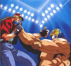 Rule 34 | baseball cap, battle, denim, fangs, fatal fury, fighting, hat, highres, jeans, jewelry, luchador, luchador mask, male focus, mask, muscular, oobari masami, pants, raiden, ring, snk, terry bogard, the king of fighters, wrestler