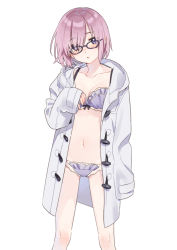 Rule 34 | 1girl, black-framed eyewear, blush, bra, breasts, coat, collarbone, eyes visible through hair, fate/grand order, fate (series), glasses, head tilt, hechima (issindotai), lace, lace-trimmed bra, lace-trimmed panties, lace trim, light purple hair, long sleeves, looking at viewer, mash kyrielight, navel, official alternate costume, open clothes, open coat, panties, purple eyes, short hair, simple background, sleeves past wrists, solo, standing, underwear, white background