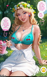 Rule 34 | 1girl, absurdres, aroma sensei, bare shoulders, blonde hair, blue bra, blue eyes, blush, body freckles, bra, breasts, buttons, cake, cleavage, clothes pull, collarbone, daisy, earrings, english text, eyeshadow, flower, food, freckles, haley (stardew valley), head wreath, heart, highres, jewelry, large breasts, lips, long hair, makeup, necklace, open clothes, open shirt, outdoors, pulling own clothes, see-through, sideboob, skirt, smile, solo, stardew valley, underwear, undressing, wavy hair