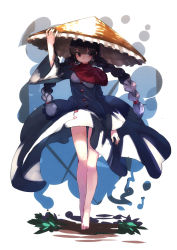 Rule 34 | 1girl, barefoot, black coat, black hair, braid, coat, commentary request, frills, hashiro, hat, long coat, long hair, long sleeves, red eyes, solo, straw hat, thighs, touhou, twin braids, twintails, wide sleeves, yatadera narumi
