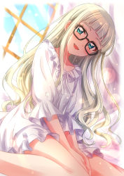 Rule 34 | 1girl, :d, absurdres, aikatsu!, aikatsu! (series), black-framed eyewear, blonde hair, blue eyes, blunt bangs, blurry, blurry background, blush, dated, day, depth of field, dress, fang, glasses, head tilt, highres, indoors, lens flare, light rays, long hair, long sleeves, looking at viewer, open mouth, sekina, signature, sitting, smile, solo, todo yurika, very long hair, wariza, white dress