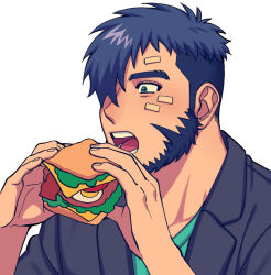 Rule 34 | 1boy, bandaid, beard, blue hair, blue jacket, coffee talk, eating, facial hair, food, for kyrat, gala (coffee talk), green shirt, hair over one eye, burger, holding, holding food, jacket, male focus, open mouth, shirt, solo, teeth, thick eyebrows, upper body, white background