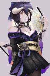 Rule 34 | 1girl, absurdres, albedo (overlord), alternate costume, black hair, breasts, cleavage, demon girl, folding fan, hair between eyes, hand fan, highres, horns, japanese clothes, kimono, large breasts, looking at viewer, nicksuslin, overlord (maruyama), short hair, slit pupils, solo, yellow eyes