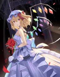 Rule 34 | 1girl, arch, bare shoulders, blonde hair, bouquet, bow, choker, cowboy shot, dress, dutch angle, falken (yutozin), flandre scarlet, flower, gloves, hat, highres, looking at viewer, looking to the side, mob cap, one side up, open mouth, petals, red eyes, red flower, solo, strapless, strapless dress, touhou, waist bow, wedding dress, white choker, white dress, white gloves, white hat, wings