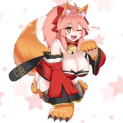 Rule 34 | 1girl, animal ear fluff, animal ears, animal hands, bell, black thighhighs, bow, breasts, brown eyes, collar, detached sleeves, fate/grand order, fate (series), fox ears, fox girl, fox tail, gloves, hair between eyes, hair bow, highres, japanese clothes, jingle bell, keita naruzawa, kimono, large breasts, neck bell, one eye closed, paw gloves, paw shoes, pink hair, ponytail, red bow, red kimono, short kimono, solo, tail, tamamo (fate), tamamo cat (fate), tamamo cat (first ascension) (fate), thighhighs, wide sleeves