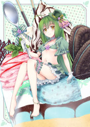 Rule 34 | 1girl, a k 1, ahoge, anklet, aqua nails, barefoot, bow, chocolate syrup, choker, cookie, flat chest, flower knight girl, food, foot dangle, frilled choker, frills, full body, gloves, green bow, green headwear, green nails, green skirt, hat, hat ribbon, holding, holding spoon, ice cream, in food, jewelry, knees together feet apart, long hair, looking at viewer, midriff, mini hat, mini person, mini top hat, minigirl, miniskirt, mint, mint (flower knight girl), nail polish, navel, pleated skirt, pocky, polka dot, polka dot background, puffy short sleeves, puffy sleeves, revealing clothes, ribbon, sandwich cookie, short sleeves, sitting, skirt, smile, spoon, striped, striped bow, sundae, thigh strap, tilted headwear, toe scrunch, toenail polish, toenails, top hat, very long hair, whipped cream, white gloves, yellow eyes