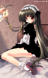 Rule 34 | 1girl, blush, bonnet, dated, disembodied hands, emily (pure dream), goth fashion, lace, layered sleeves, long hair, maid, panties, red eyes, shoes, skirt, solo focus, source request, underwear, very long hair
